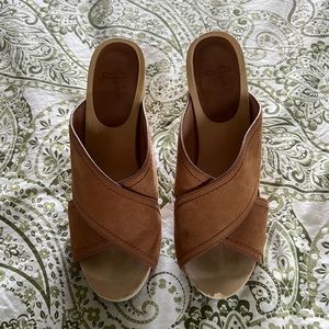 Joie Brown Wide Criss Cross Slip On Peep Toe Block Heels Platform Sandals 36.5